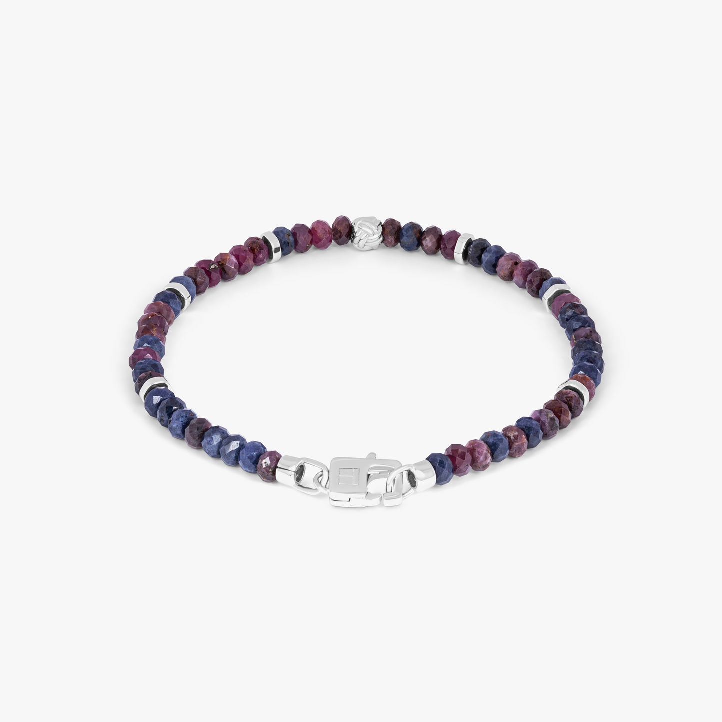 Nodo Beaded Bracelet In Rhodium Plated Silver With Red & Blue Sapphire