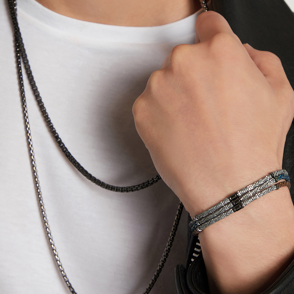 Croce Bamboo bracelet in grey and silver hematite with sterling silver