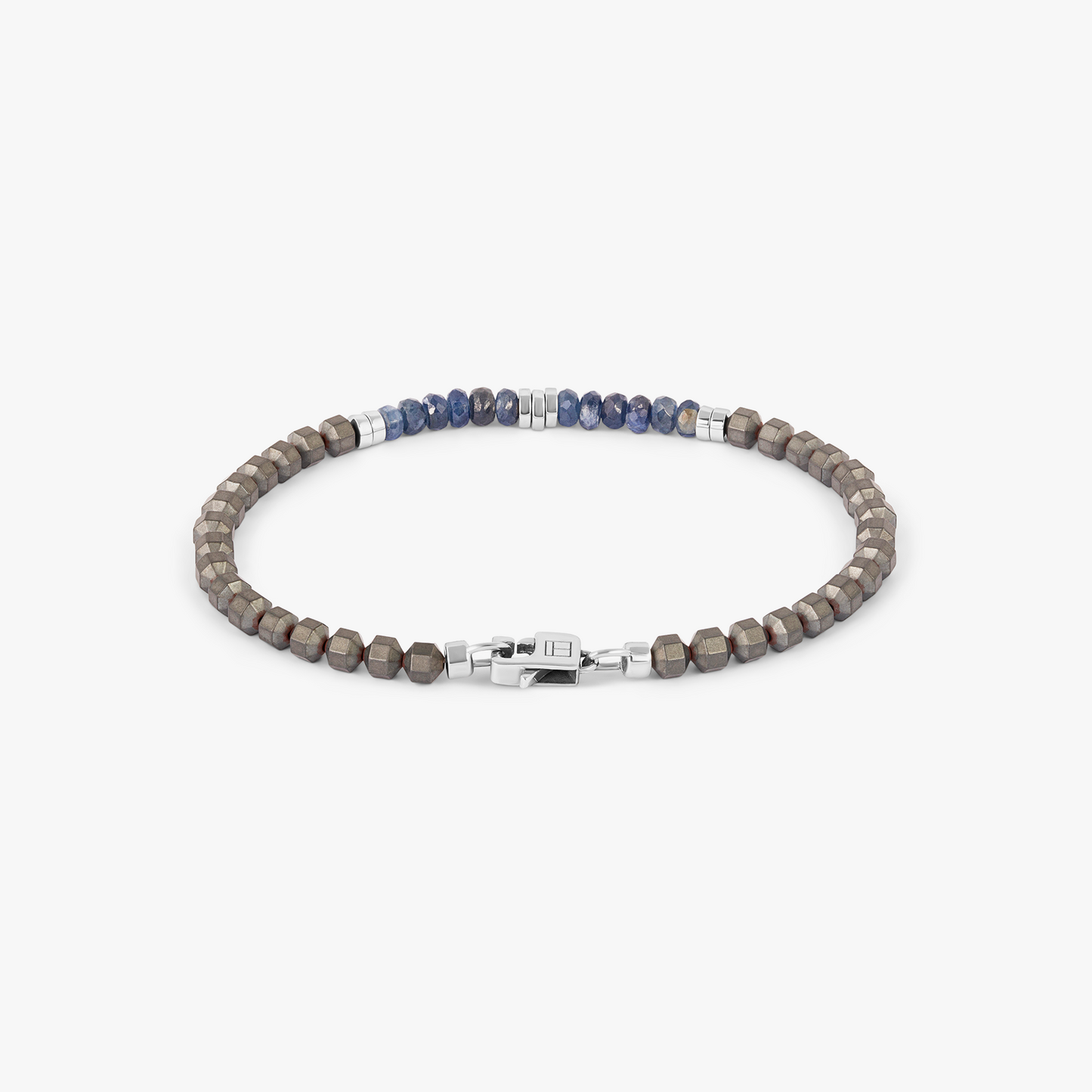 Icosahedron Beaded Bracelet In Rhodium Plated Silver With Sapphire And Grey Hematite