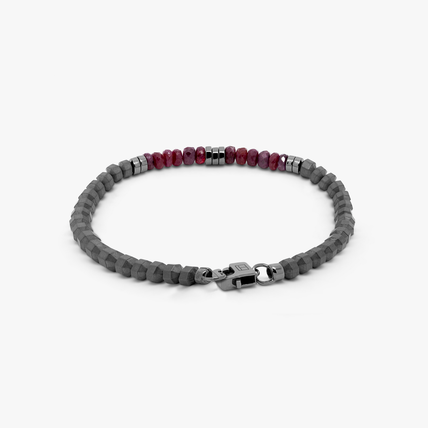 Icosahedron Beaded Bracelet In Black Rhodium Plated Silver With Ruby And Grey Hematite