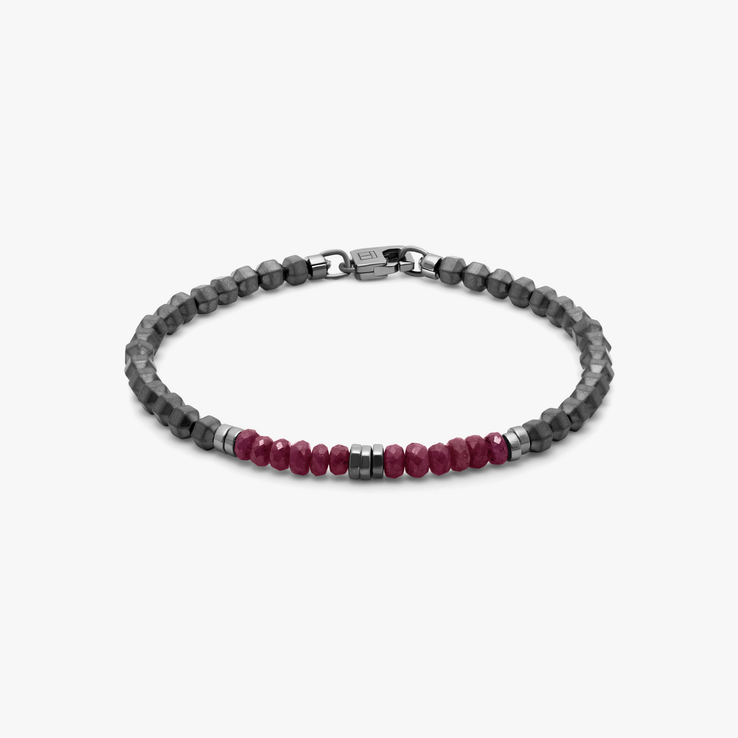 Icosahedron Beaded Bracelet With Ruby And Grey Hematite