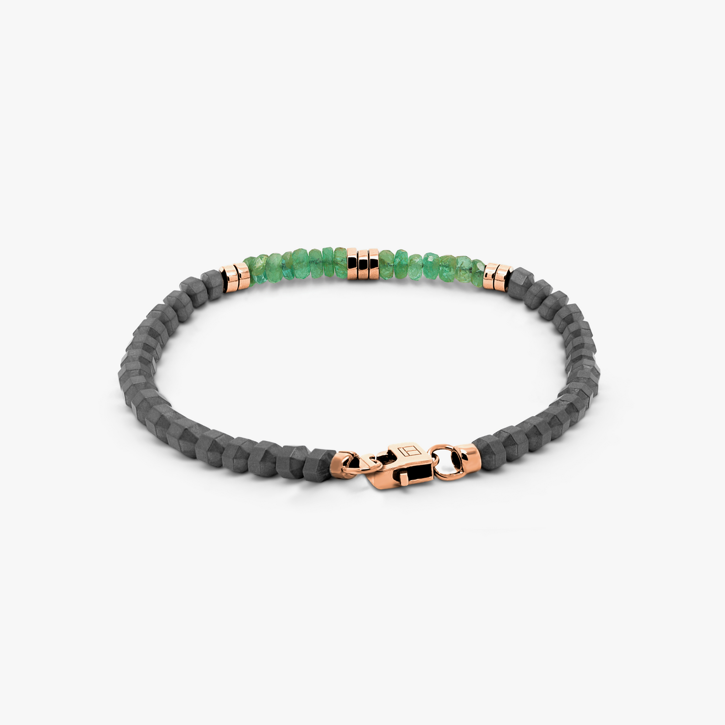 Icosahedron Beaded Bracelet In Rose Gold Plated Silver With Emerald & Grey Hematite