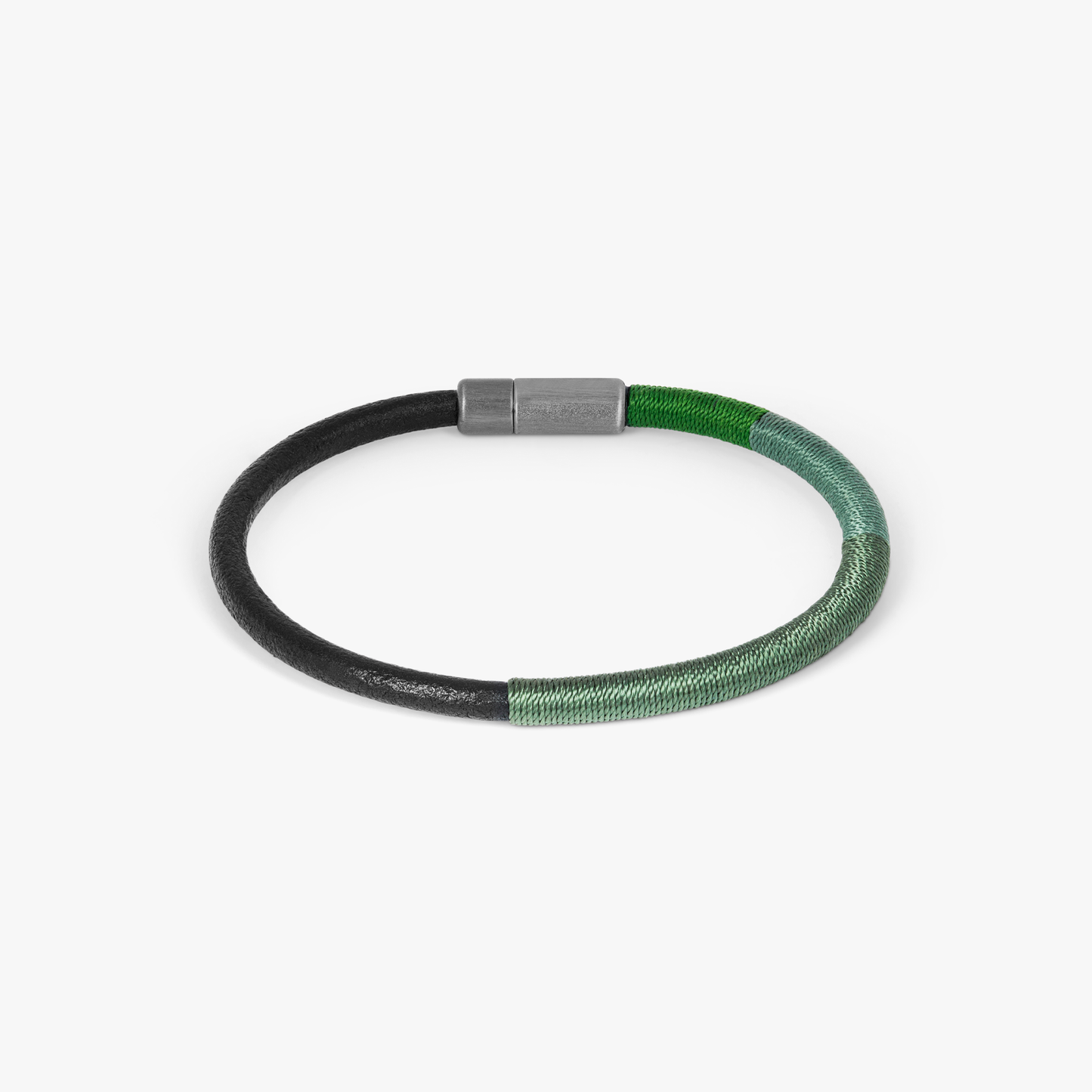 Rainbow Pop bracelet in black leather and green thread wrap with black rhodium plated silver