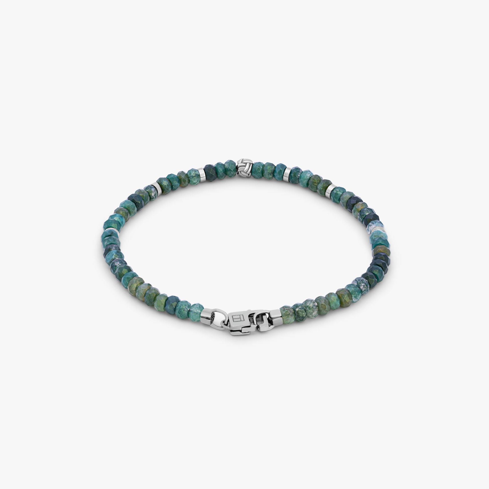 A beaded bracelet with green moss agate beads and silver accents, finished with a rhodium silver knot bead and a matching lobster clasp.
