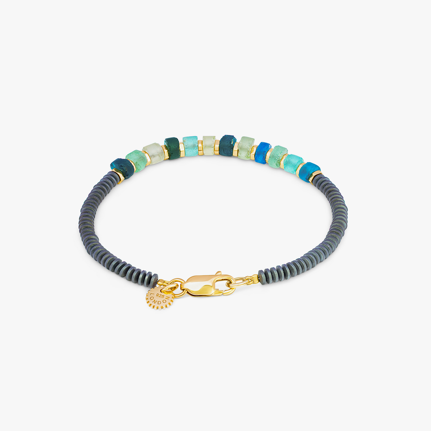 Yellow gold plated sterling silver Hematite Imperial bracelet with Roman glass