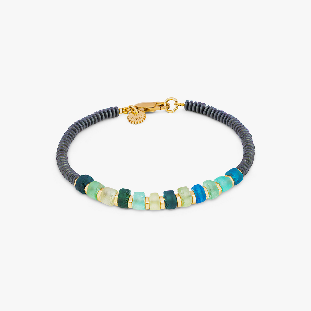 Yellow gold plated sterling silver Hematite Imperial bracelet with Roman glass