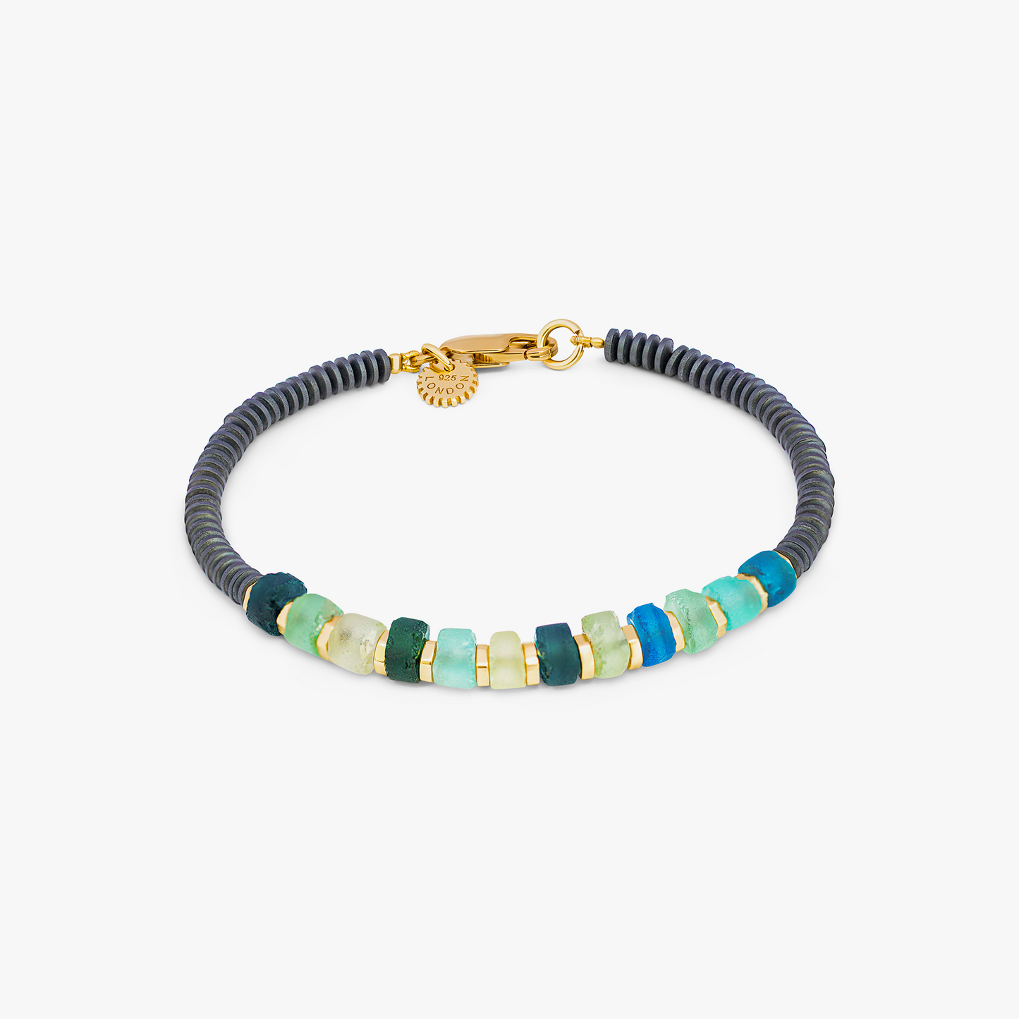 Yellow gold plated sterling silver Hematite Imperial bracelet with Roman glass