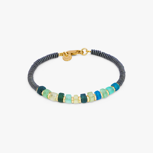 Yellow gold plated sterling silver Hematite Imperial bracelet with Roman glass