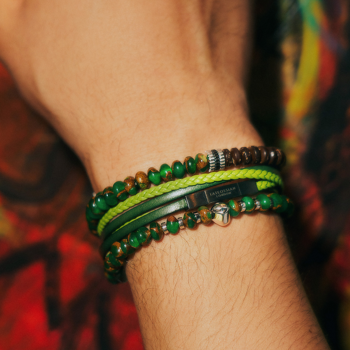 Nepal Gear Trio Beaded Bracelet With Green Jasper & Coconut Wood 