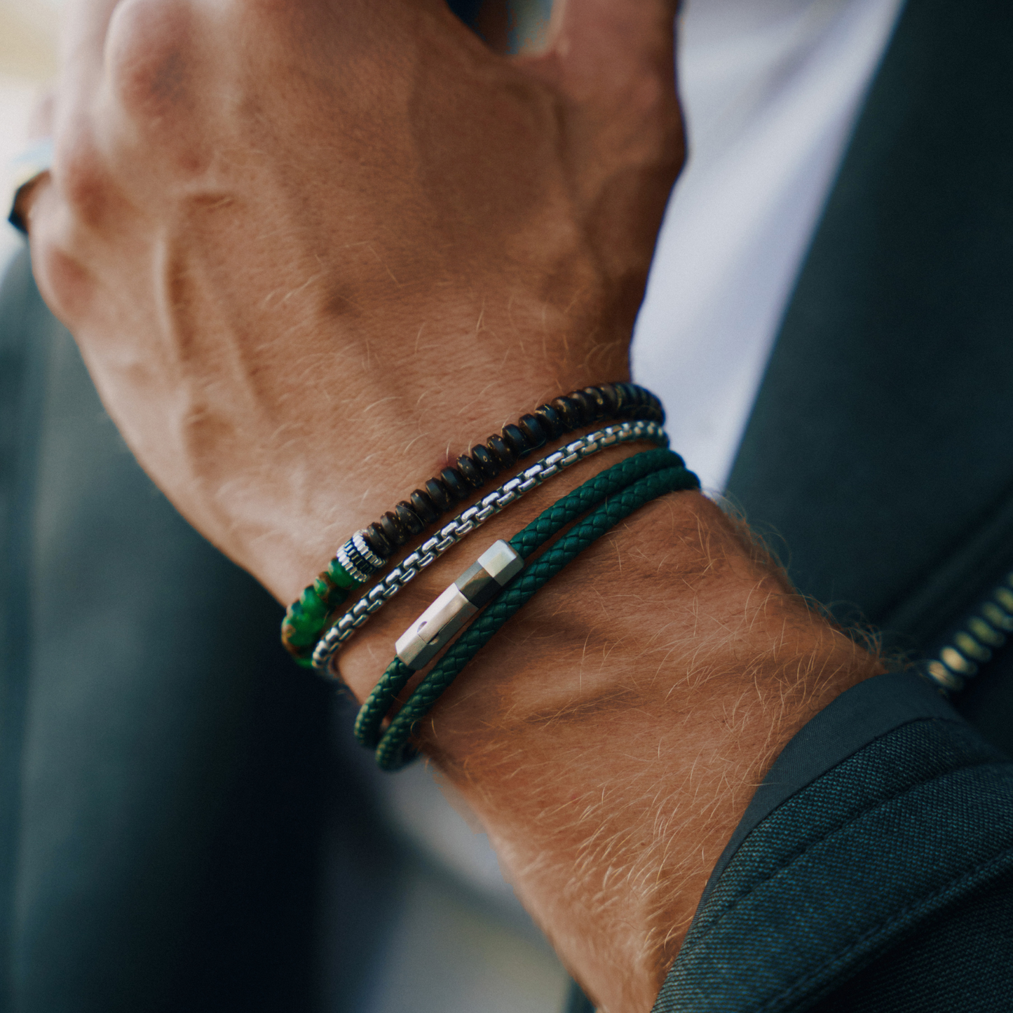 Nepal Gear Trio Beaded Bracelet With Green Jasper & Coconut Wood 