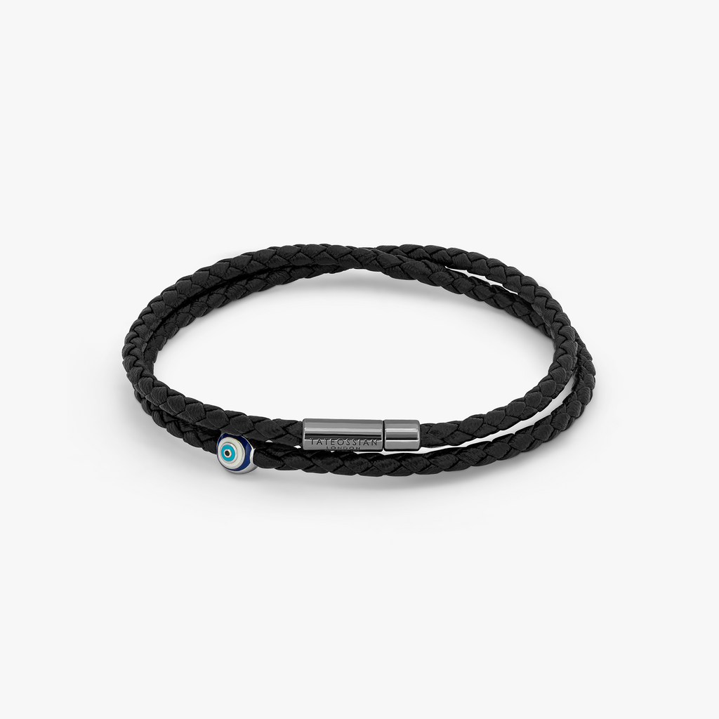 Mini Pop Pelle Bracelet in Black Leather With Ruthenium Plated Silver