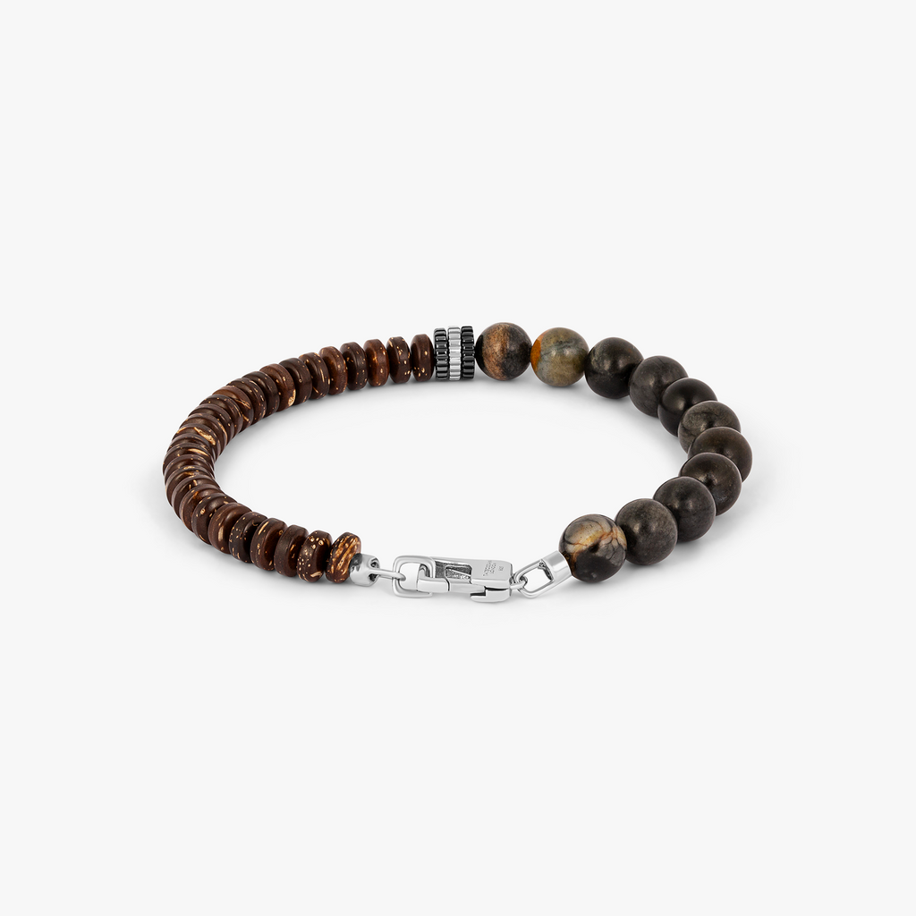 Nepal Gear Trio Bracelet in Rhodium Plated Sterling Silver with Picasso Jasper