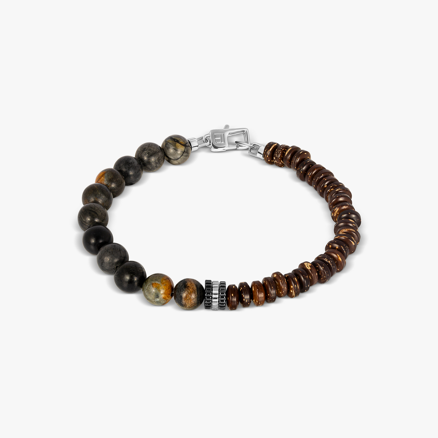 Nepal Gear Trio Bracelet in Rhodium Plated Sterling Silver with Picasso Jasper