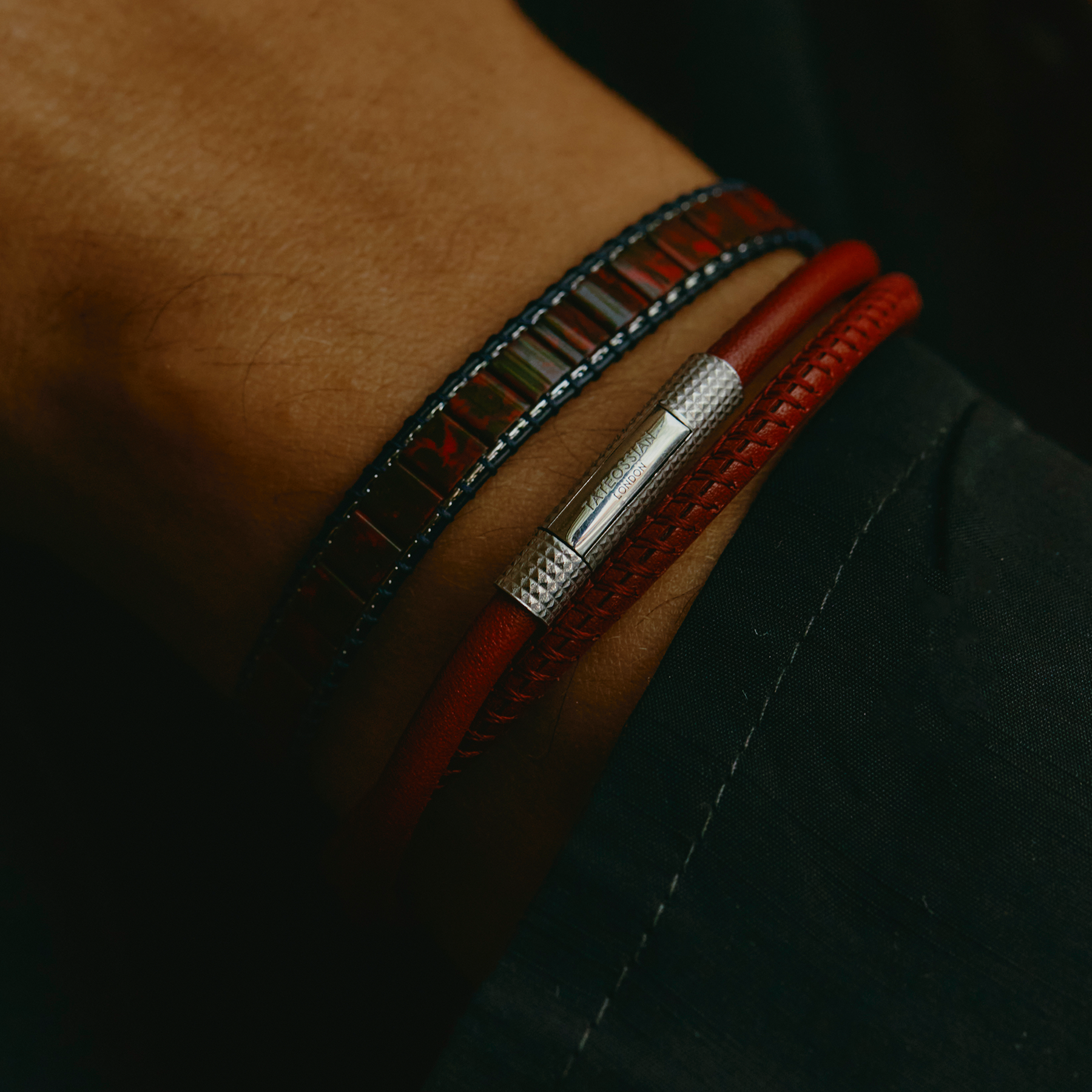 Mosaic Bracelet In IP Black Plating With Red Glass Beads