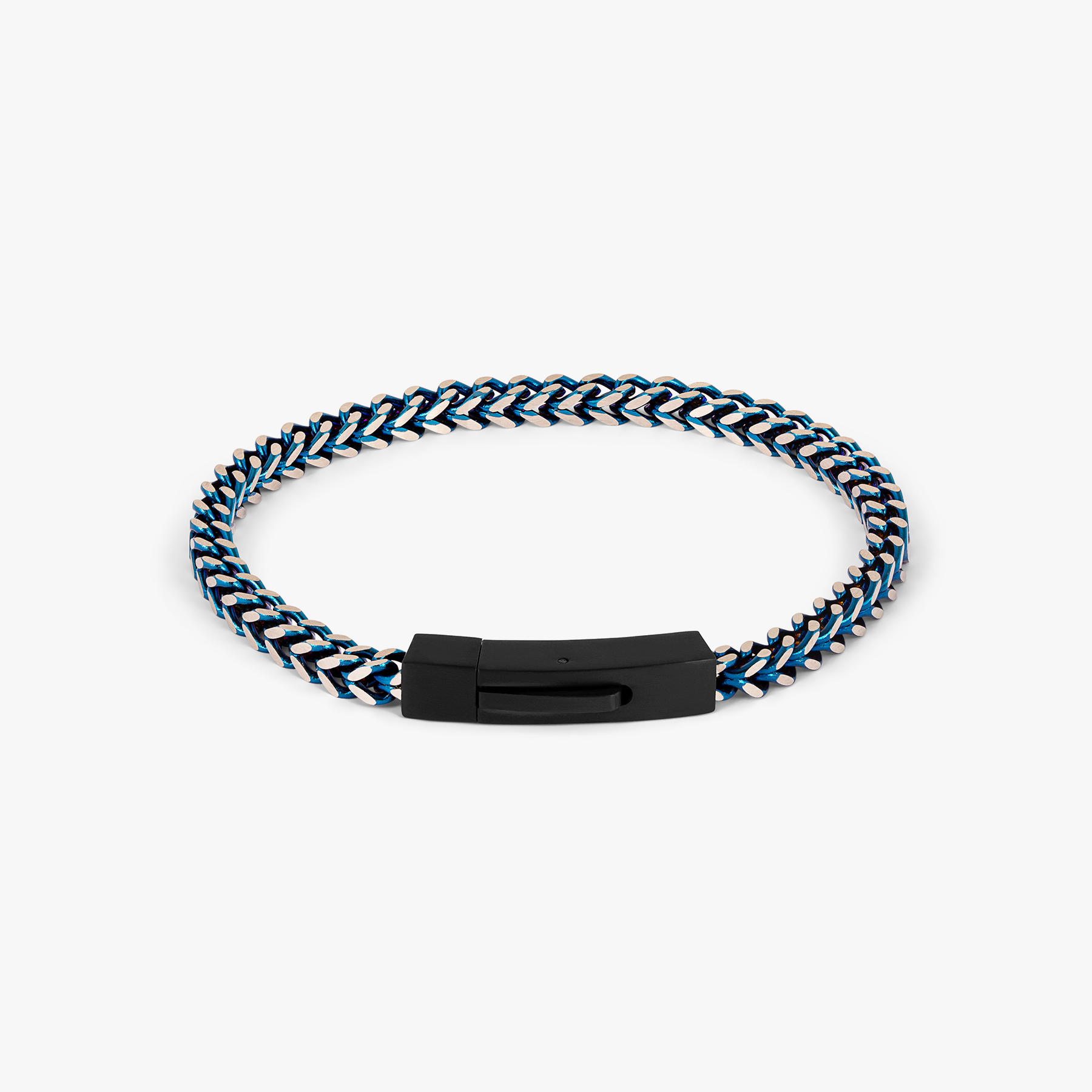 Chevron Click Bracelet In Matte Blue Black with chevron-patterned blue and polished steel links and matte black clasp.