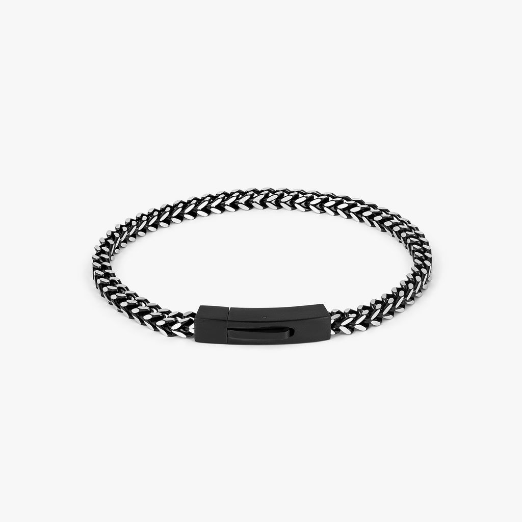 Chevron Click Bracelet In Matte Black featuring a chevron-patterned black IP stainless steel chain with a matte black clasp.