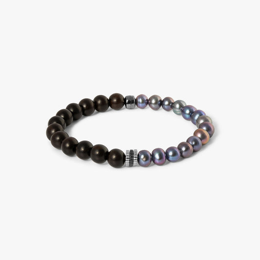 Gear Trio Bracelet In Black Ruthenium Plated Silver With Wood Beads & Black Pearls