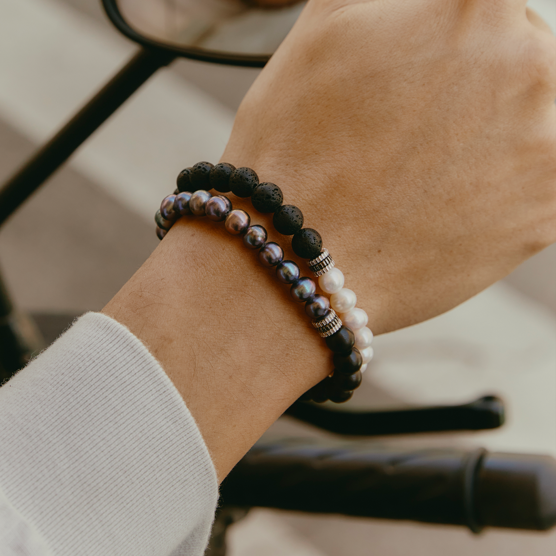 Gear Trio Semi - Precious Bracelet In Black Ruthenium Plated Silver With Wood Beads & Black Pearls