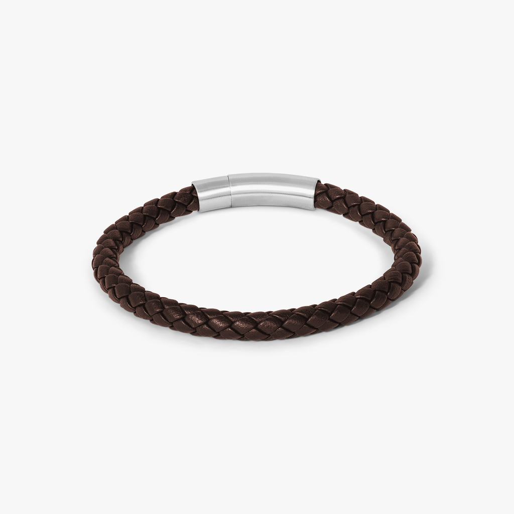 Charles Click Pelle Bracelet In Rhodium & Brown Leather with braided Italian leather and rhodium clasp for men.