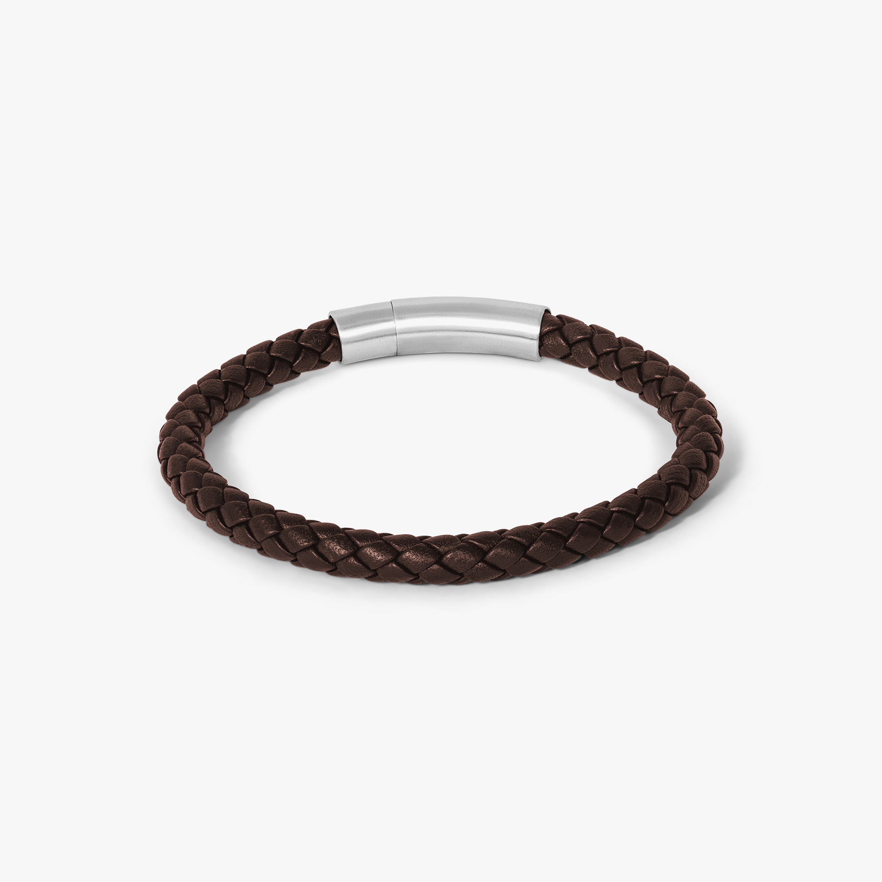 Charles Click Pelle Bracelet In Rhodium & Brown Leather with braided Italian leather and rhodium clasp for men.