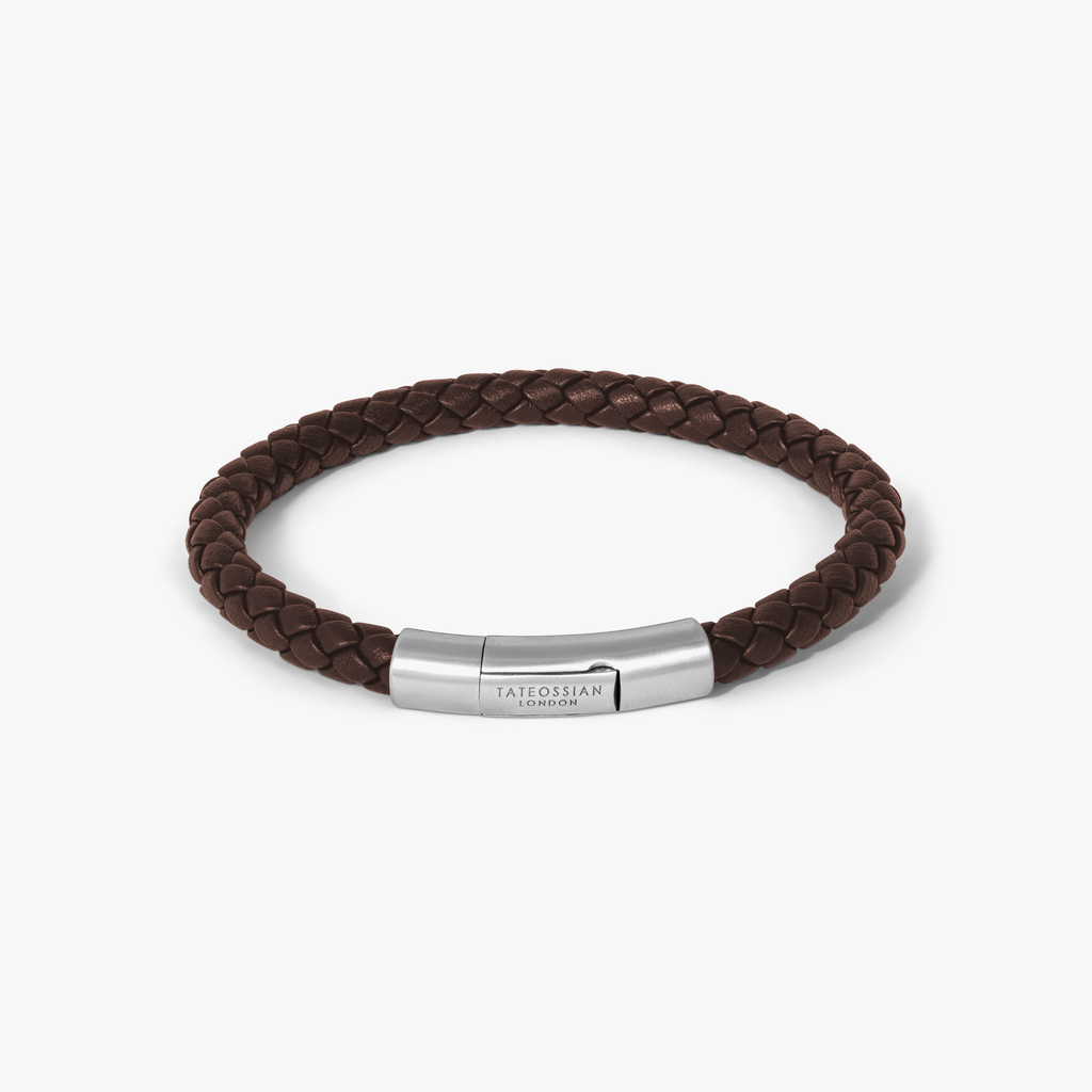 Charles Click Pelle Bracelet In Rhodium & Brown Leather with braided brown leather and rhodium clasp on white background