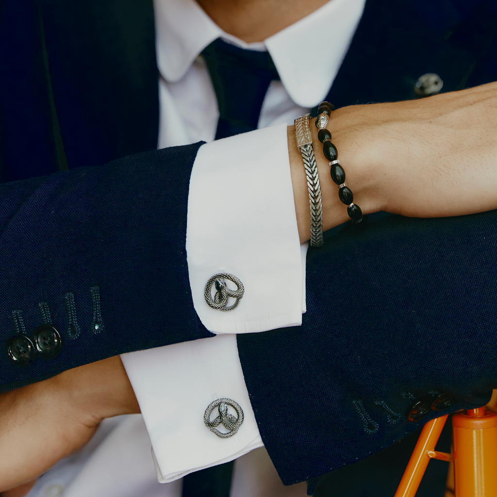 Tateossian Viper Cufflinks in Gunmetal & Navy Enamel