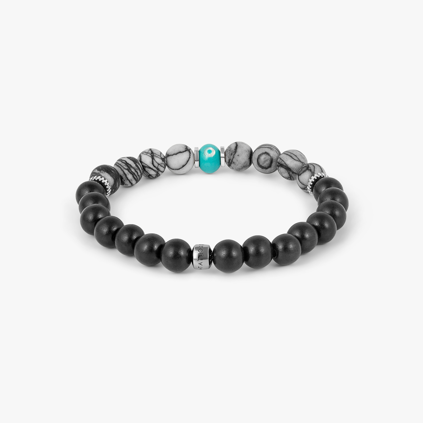 Milos Evil Eye Beaded Bracelet With Tiger Ebony Wood & Spiderweb Jasper
