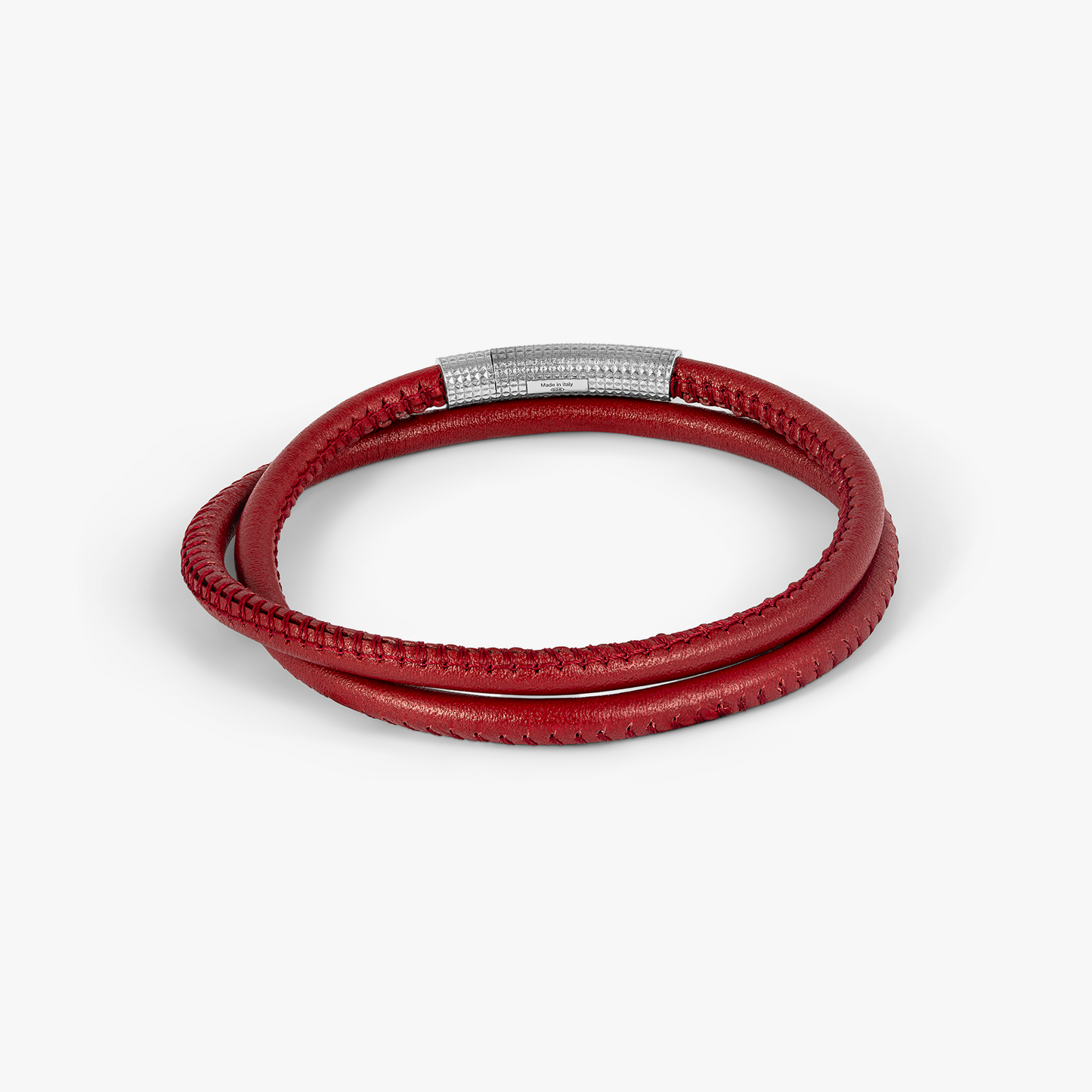 Giza Click Stitch Pelle Bracelet In Rhodium & Red Leather