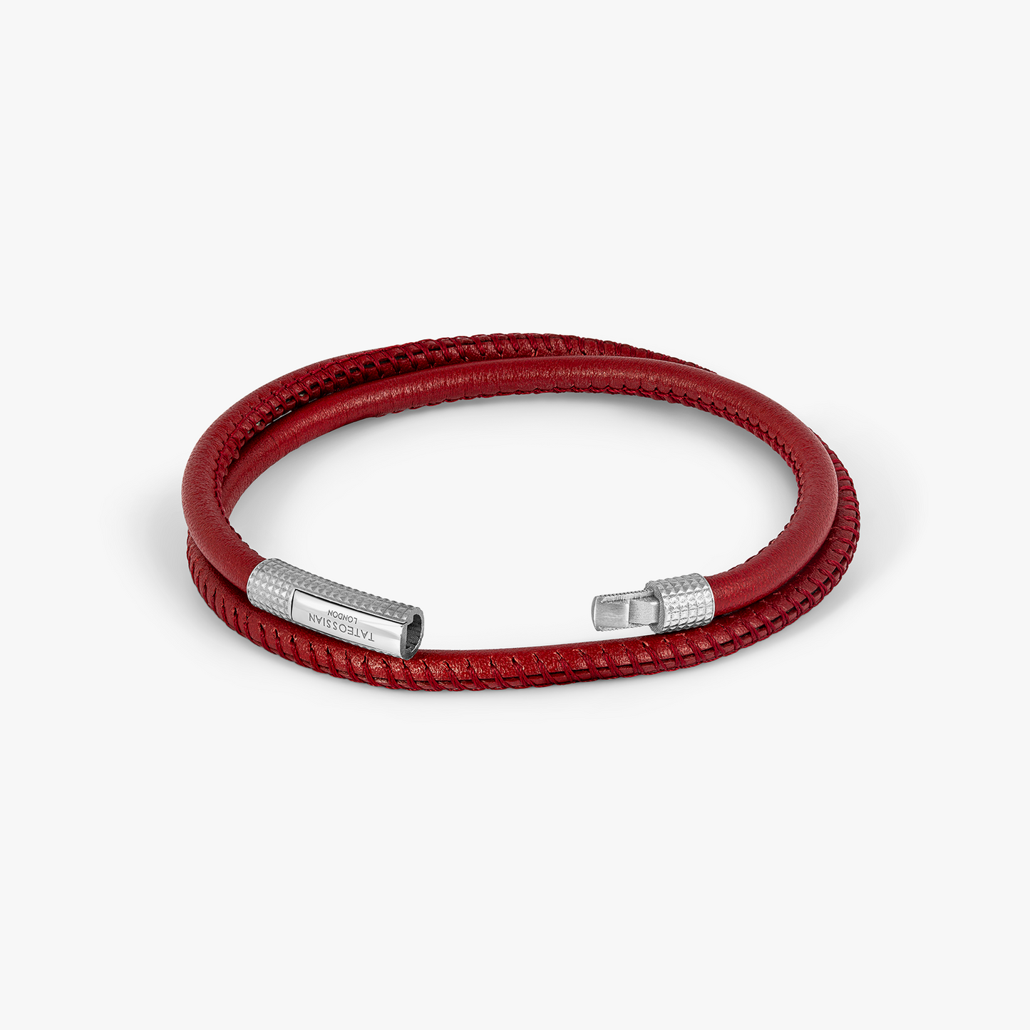 Giza Click Stitch Pelle Bracelet In Rhodium Plated Silver & Red Leather