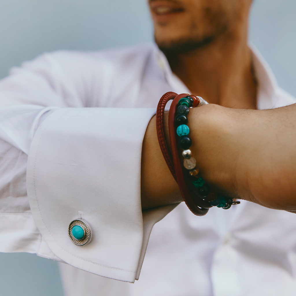 Tateossian Cable Oval Cufflinks in Rhodium & Turquoise