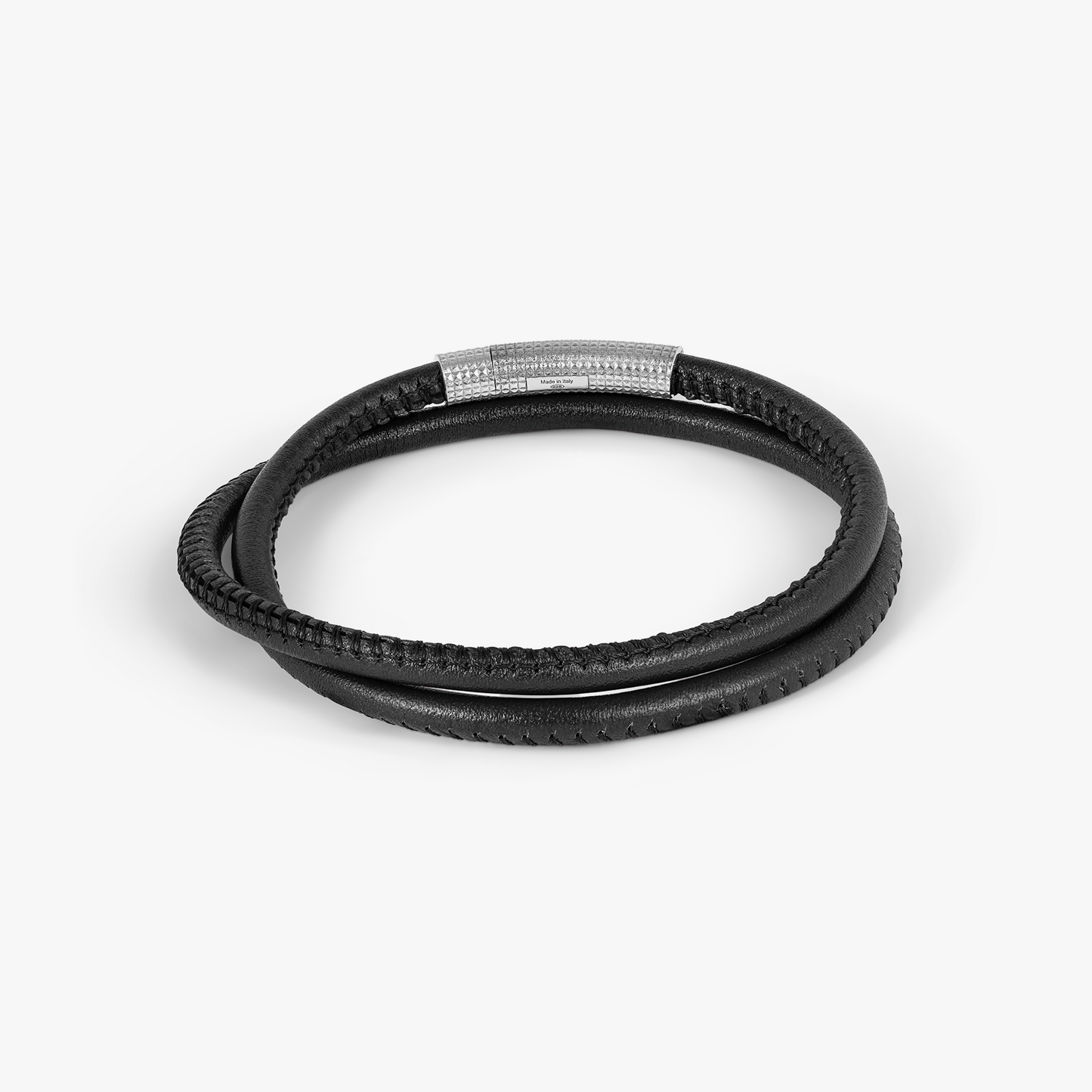 Giza Click Stitch Pelle Bracelet in Rhodium and Black Leather