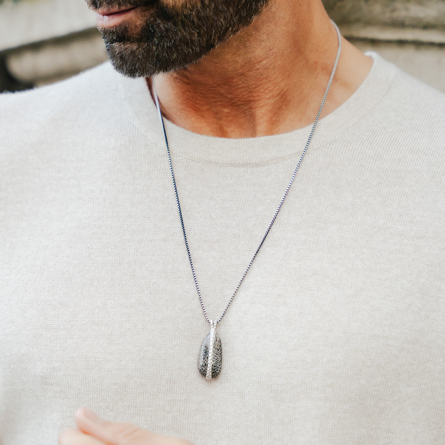 Bryozoan Pebble Necklace In Rhodium Plated Sterling Silver With Fossilised Coral