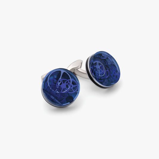 Resin Gear cufflinks in blue with rhodium finish