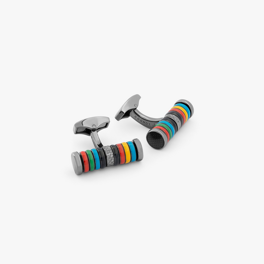 Tokyo Rings Cylinder cufflinks with multicolour enamel and palladium finish