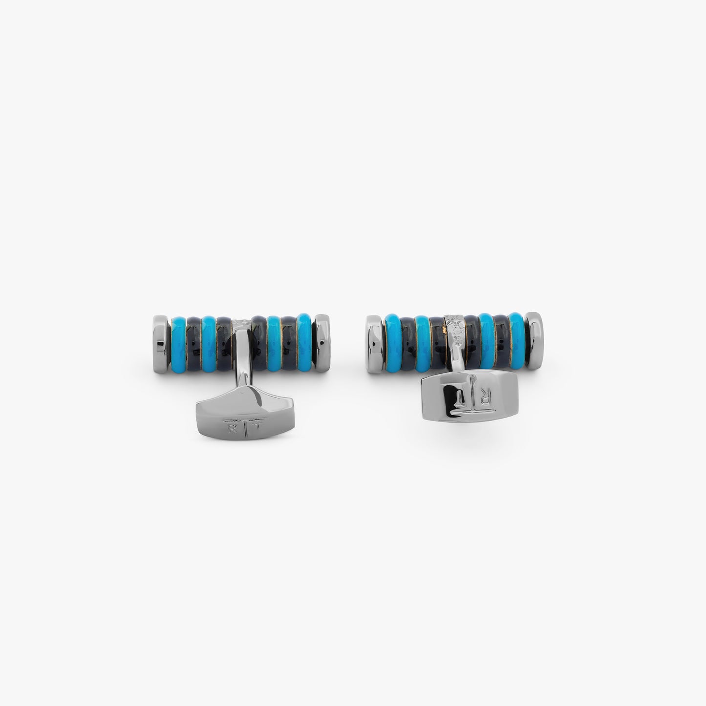Tokyo Rings Cylinder cufflinks with blue enamel and gunmetal finish