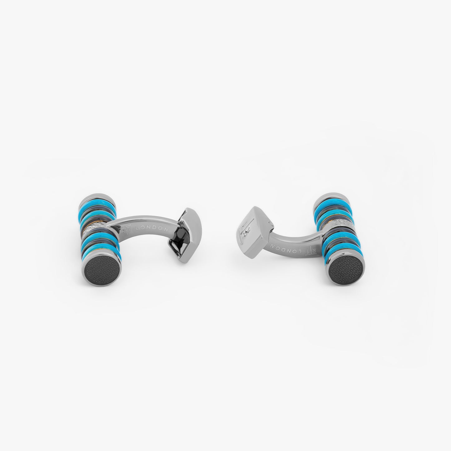 Tokyo Rings Cylinder cufflinks with blue enamel and gunmetal finish