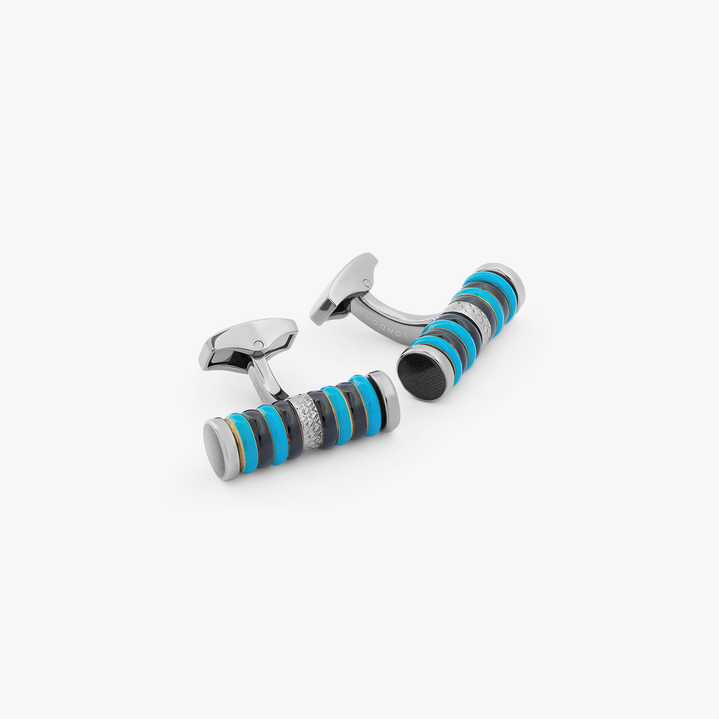 Tokyo Rings Cylinder cufflinks with blue enamel and gunmetal finish
