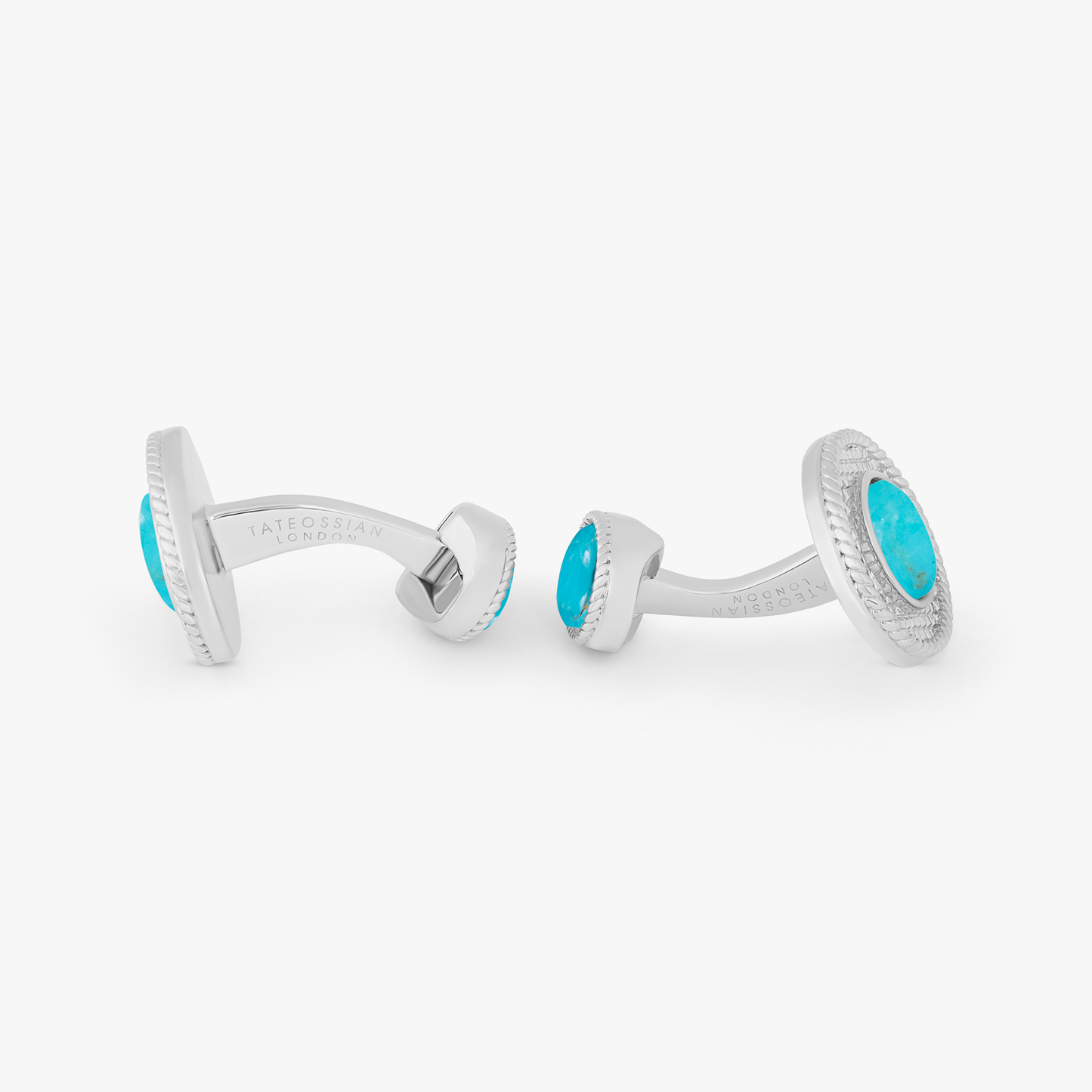 Cable Oval Cufflinks in Rhodium Plated Silver and Turquoise