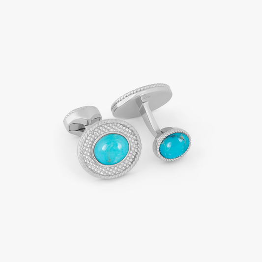 Tateossian Cable Oval Cufflinks in Rhodium & Turquoise