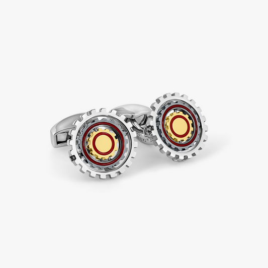 Orbit Gear Cufflinks in Palladium & Red Enamel