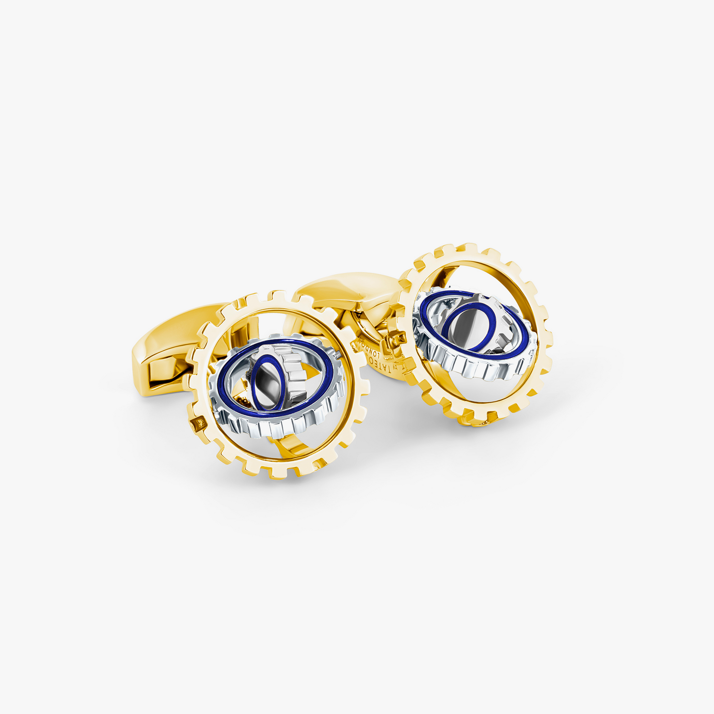 Orbit Gear Cufflinks in Yellow Gold & Blue Enamel