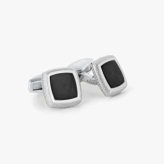 Graffiato Square Cufflinks in White Rhodium Plated Silver and Black Onyx