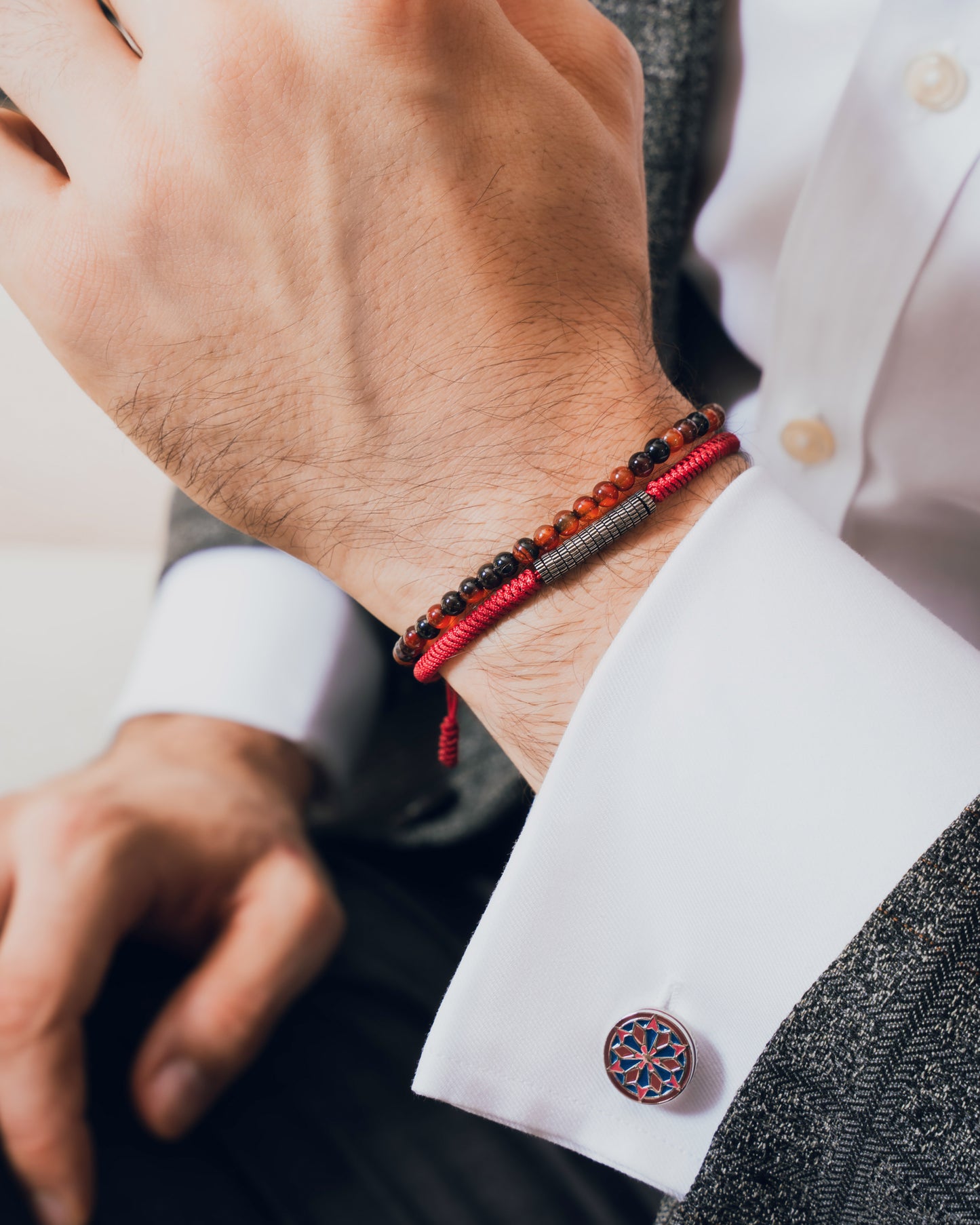 Red Sterling Silver Macrame Serpente Gear Duo Bracelet