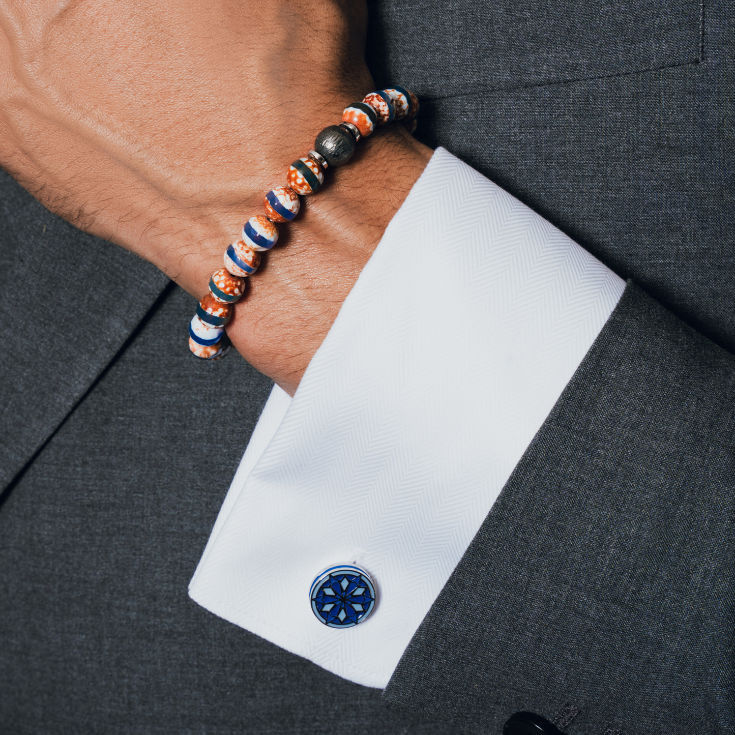 Blue Palladium Plated Lhasa Mandala Cufflinks
