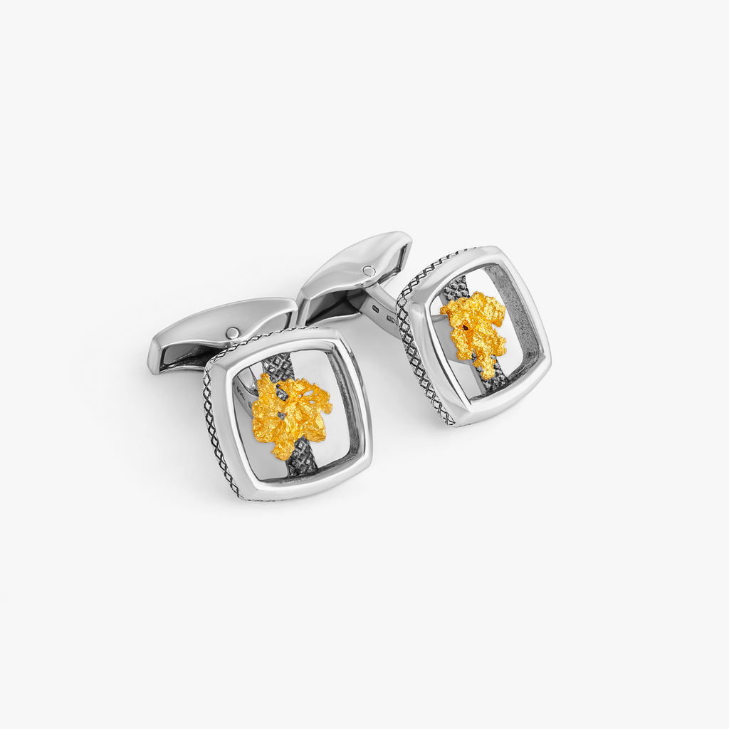 Gold Nugget Cufflinks in Sterling Silver with Pure Gold Nugget (Limited Edition)