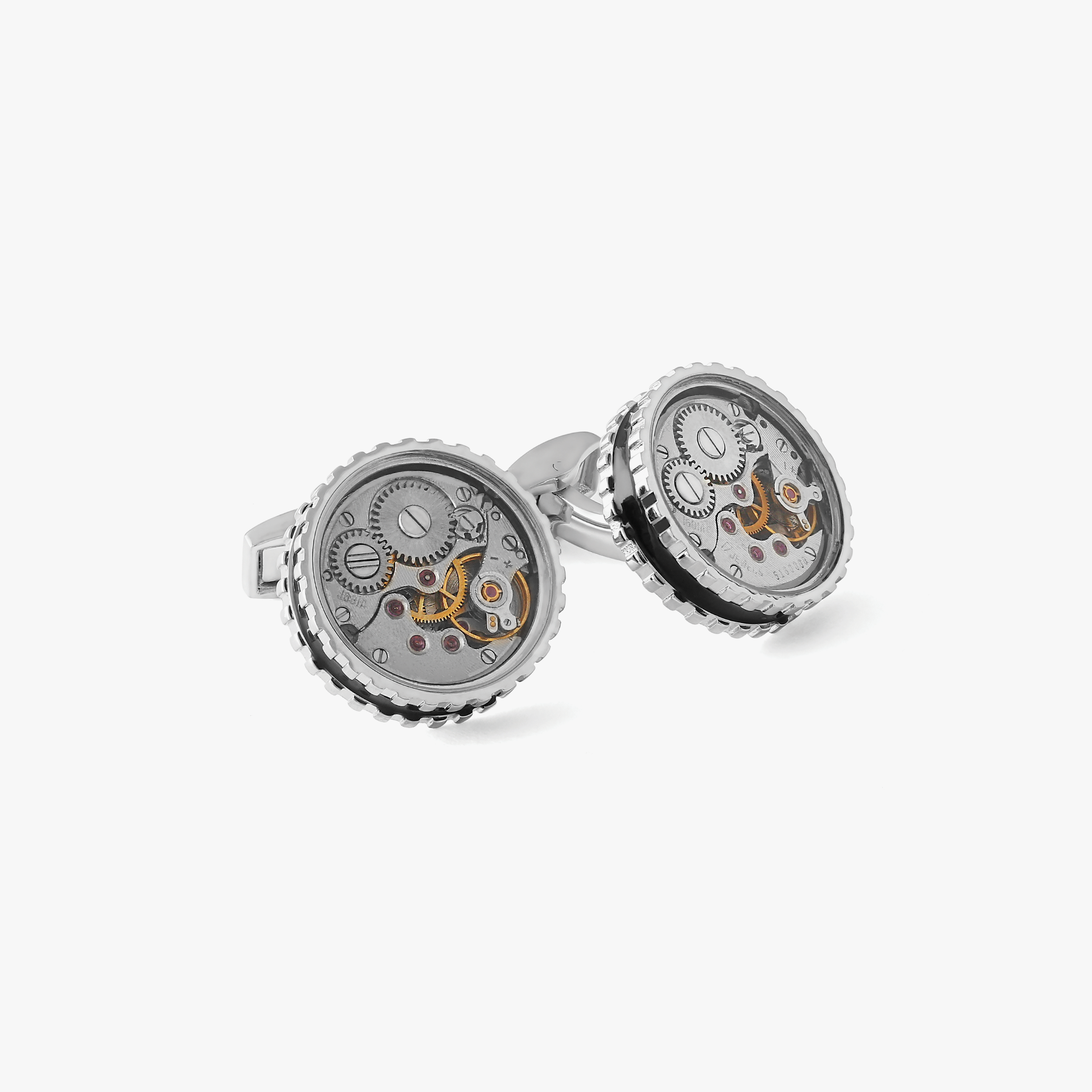 Round Skeleton Gear static cufflinks enamel Palladium Plated