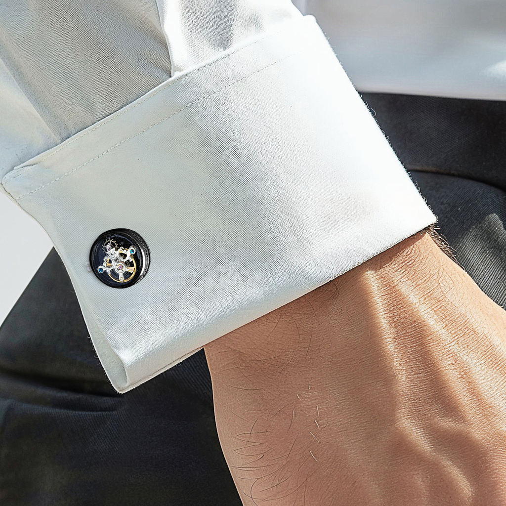 Single tourbillon gear cufflinks in gunmetal with black enamel and moving watch mechanism