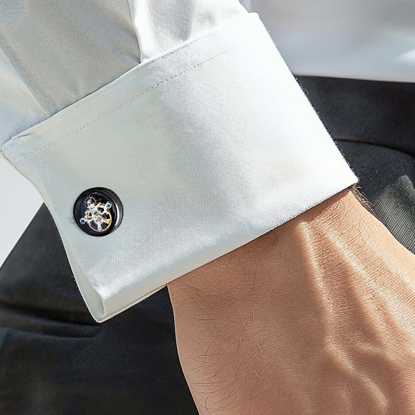 Single Tourbillon Gear Cufflinks in Gunmetal and Black Enamel