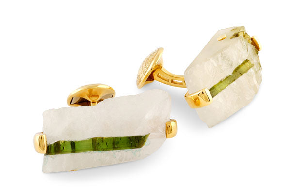 Green Tourmaline Quartz (86.81Ct) Cufflinks In Yellow Gold
