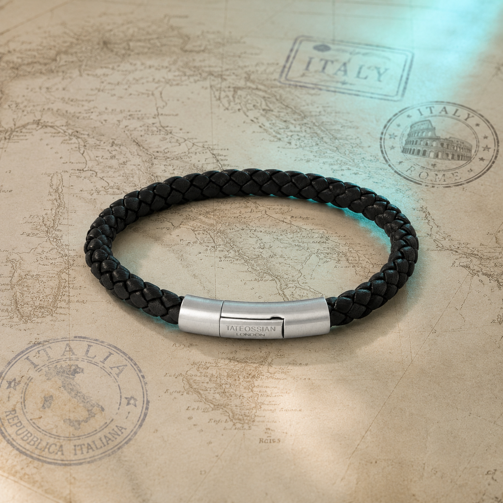 Charles Click Pelle Bracelet In Rhodium & Black Leather